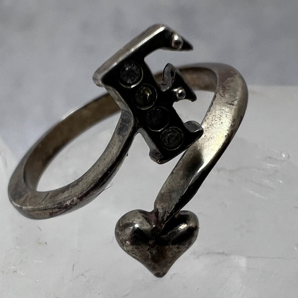 Sterling Silver‎ 925 Initial F Heart Bypass Ring Crystal Accents Size 6 Patina